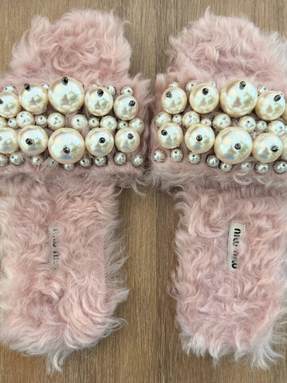 Miu Miu Pink Faux Fur Pearl-Embellished Slides